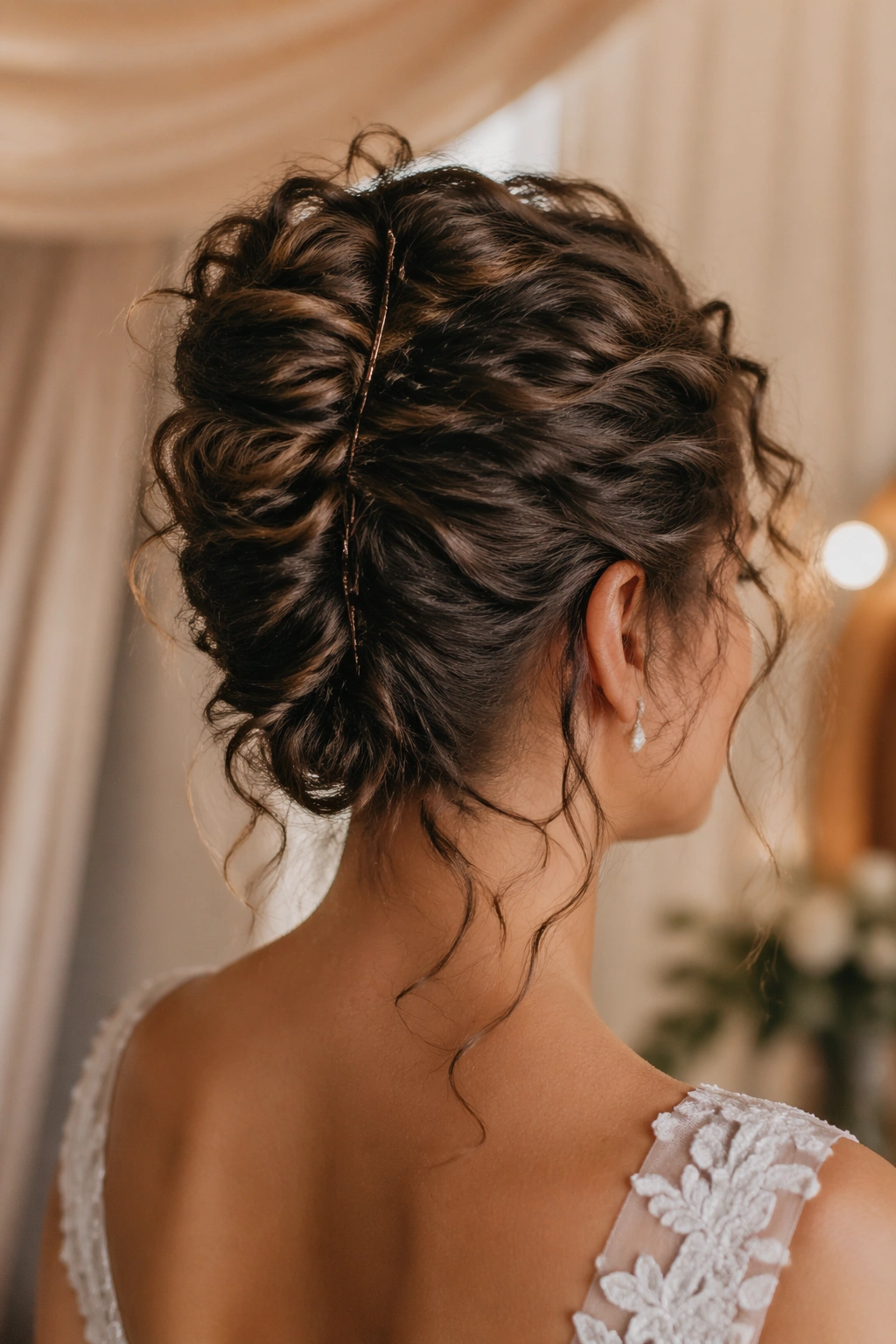 Three-quarter back view of a real bride with Messy Curly French Twist showing a relaxed textured vertical twist