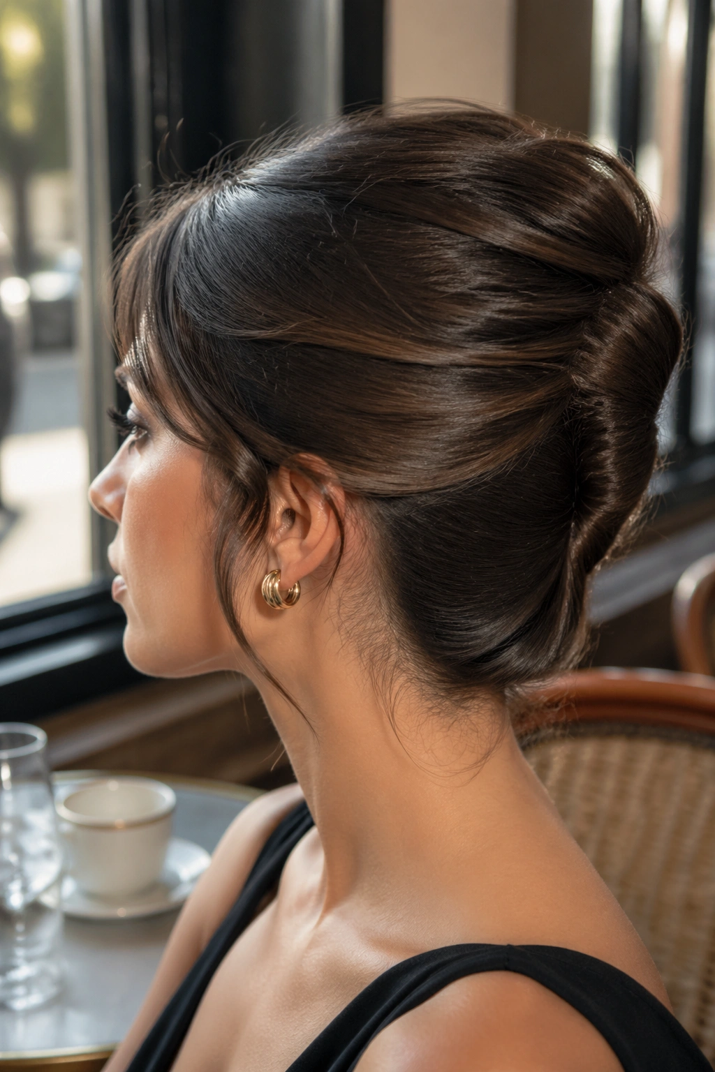 Close-up portrait of a woman wearing a French twist pinned at the back with soft front pieces