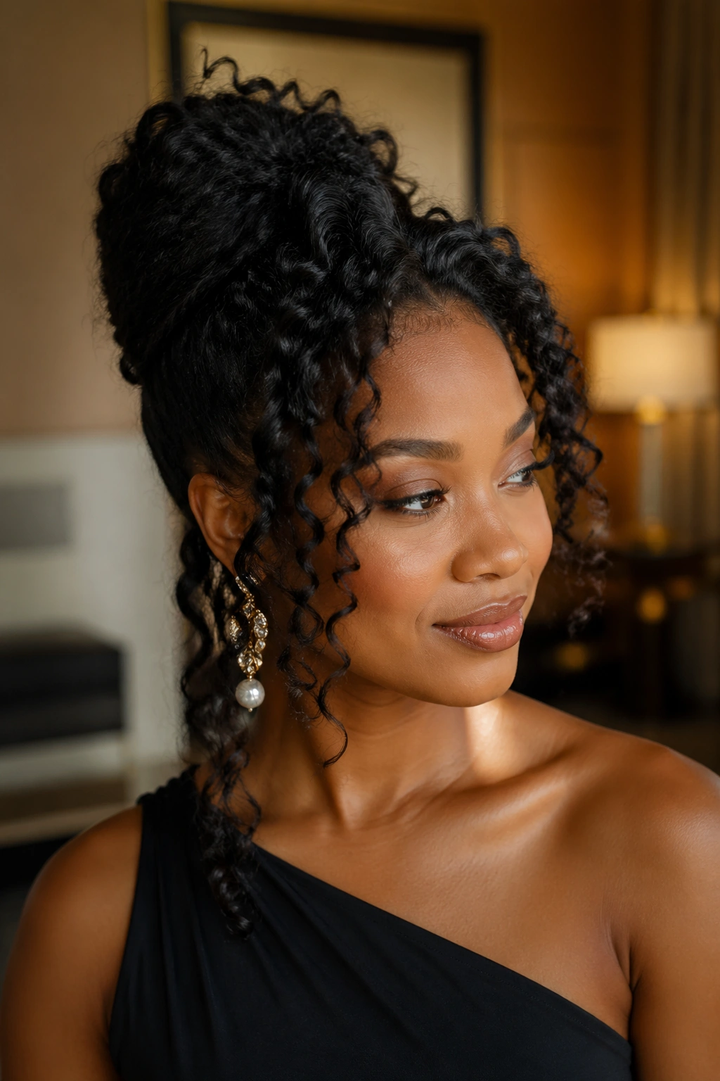 Close-up of a woman with a French twist half up and curled volume at the front