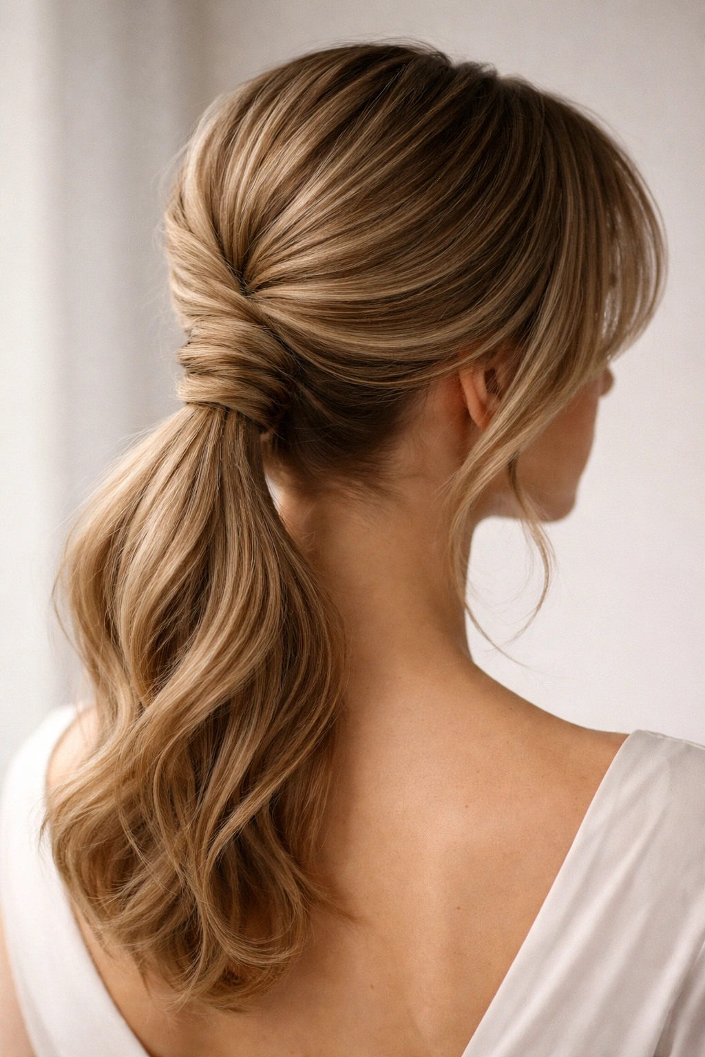 French Twist-Inspired Ponytail close-up showing tucked twists and soft curtain bangs