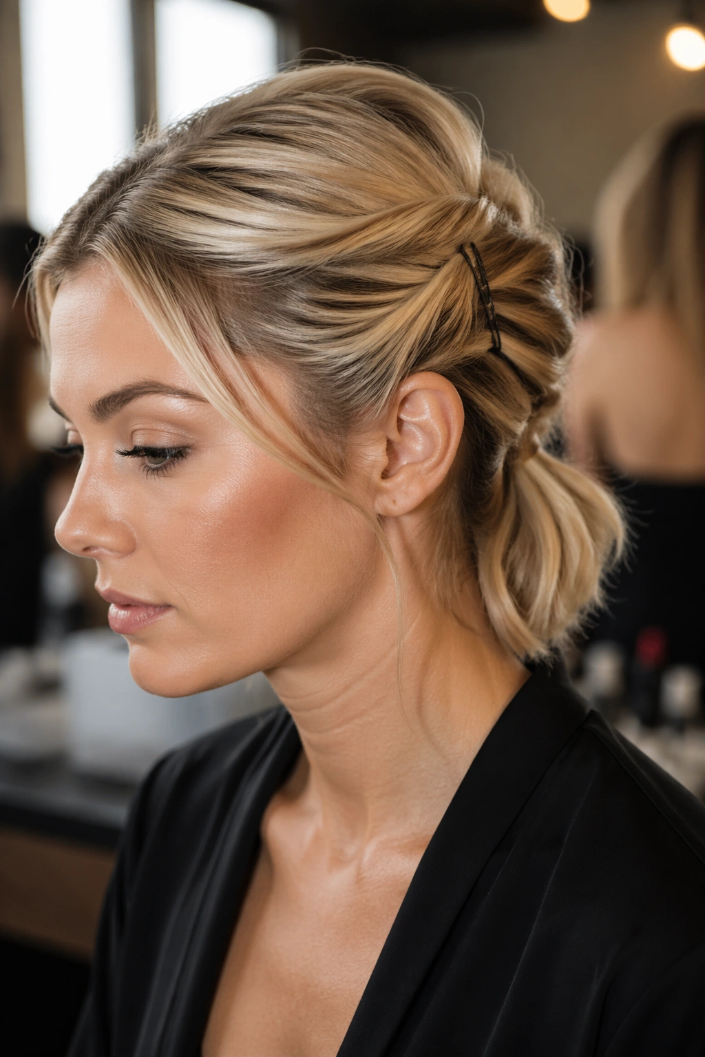 Close-up of a real woman wearing a French twist ponytail hybrid with side twists into a low ponytail under warm backstage light