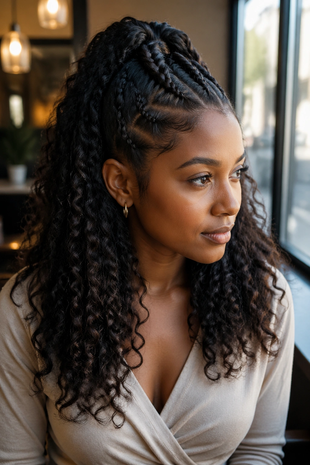 Close-up of real person with half-up French braid and loose curls