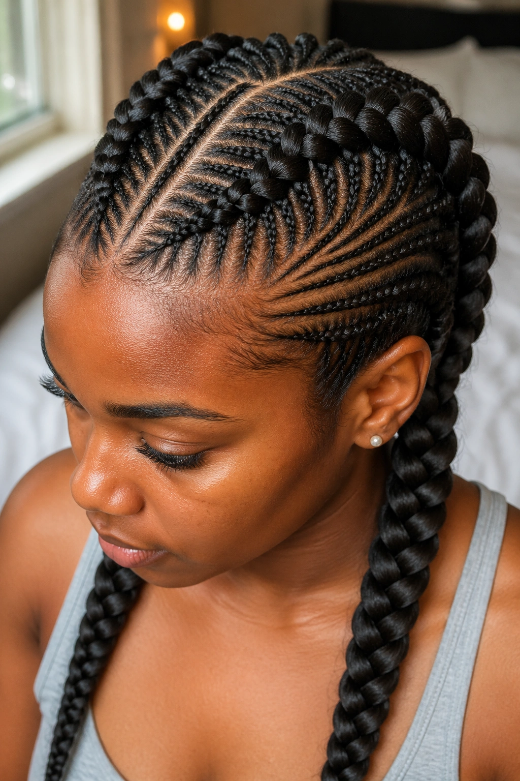 Close-up of two big French braids with small sections feeding into the braids on a real person's head, natural window light