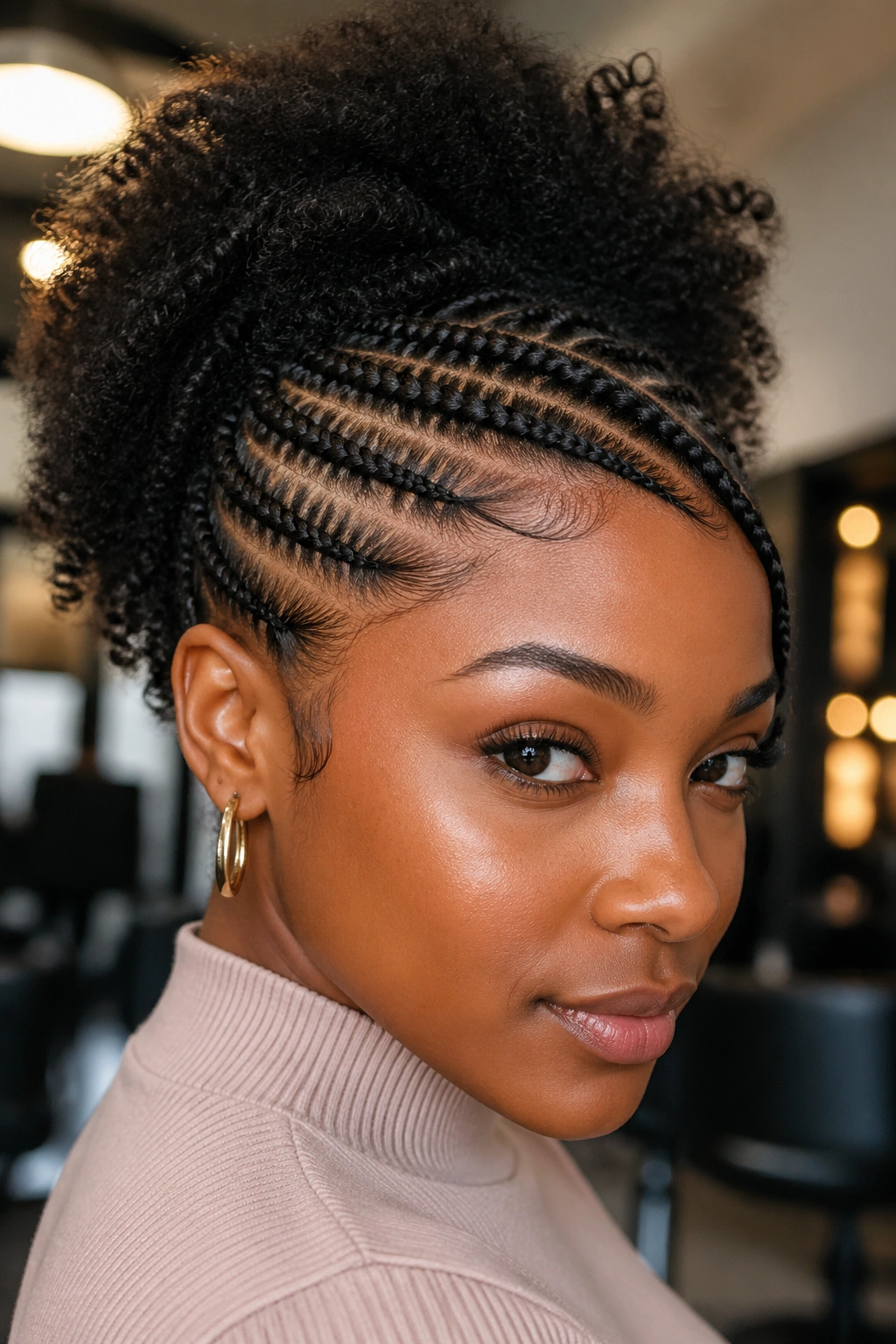 Portrait of a real woman with side-swept fringe cornrows along the hairline.