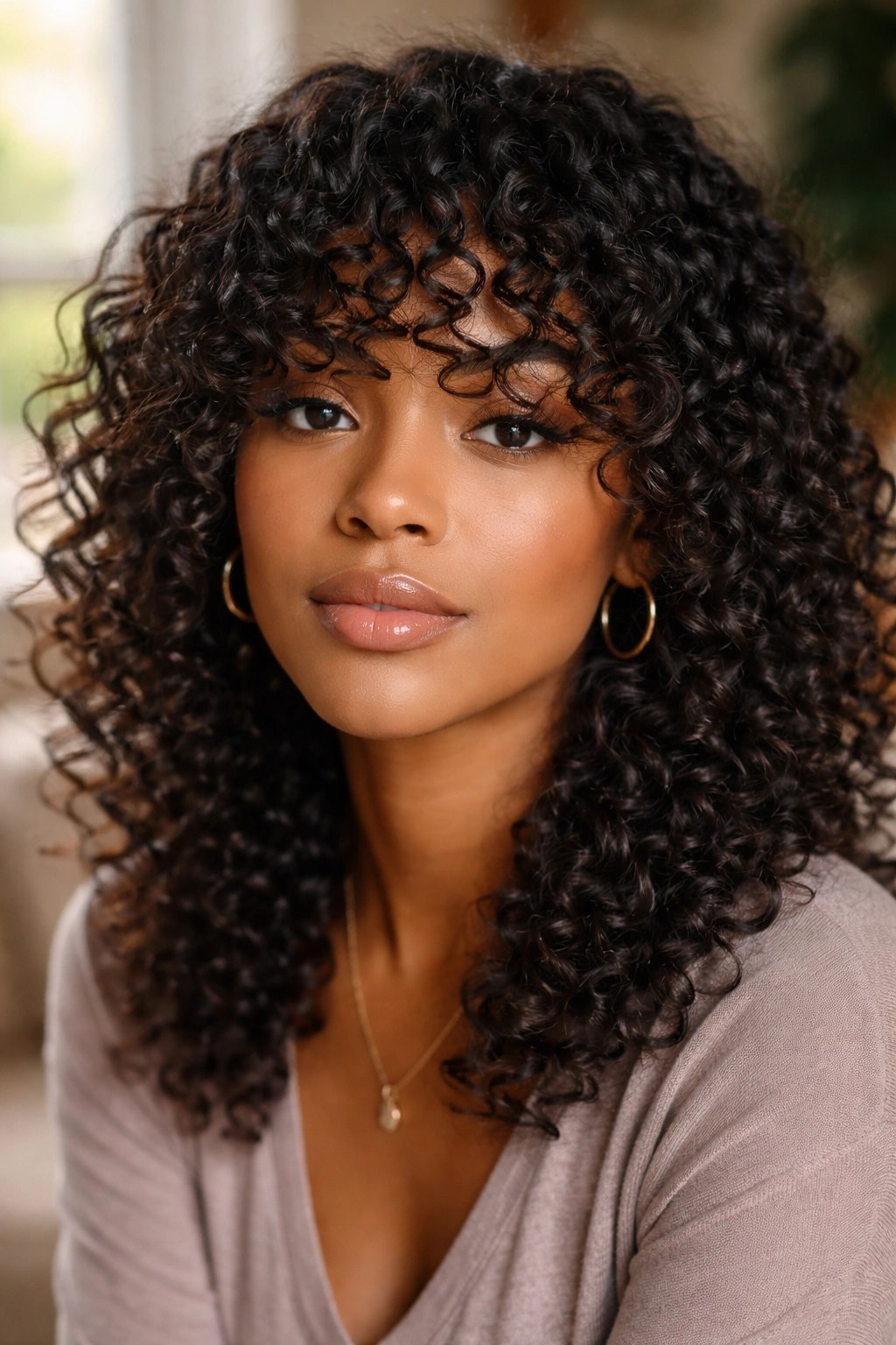 Close-up of a real woman with a defined fringe of loose curls falling over the forehead.