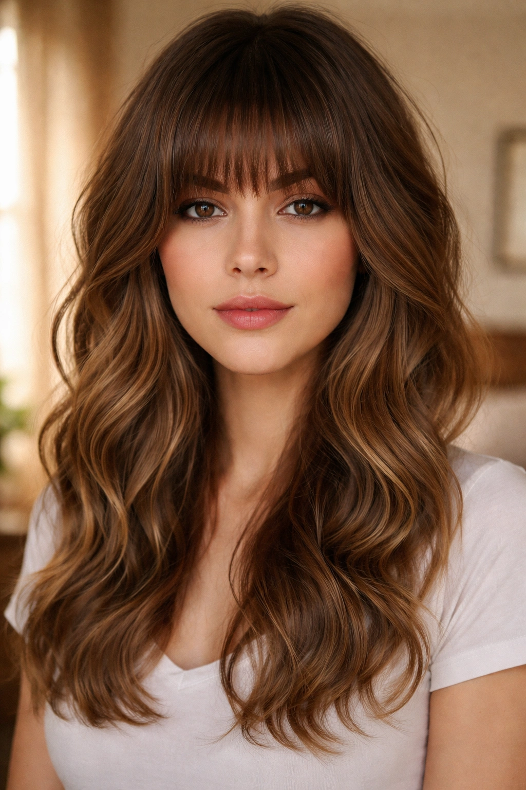 Close-up of a real person with a full fringe-to-curtain hybrid hairstyle under natural window light.