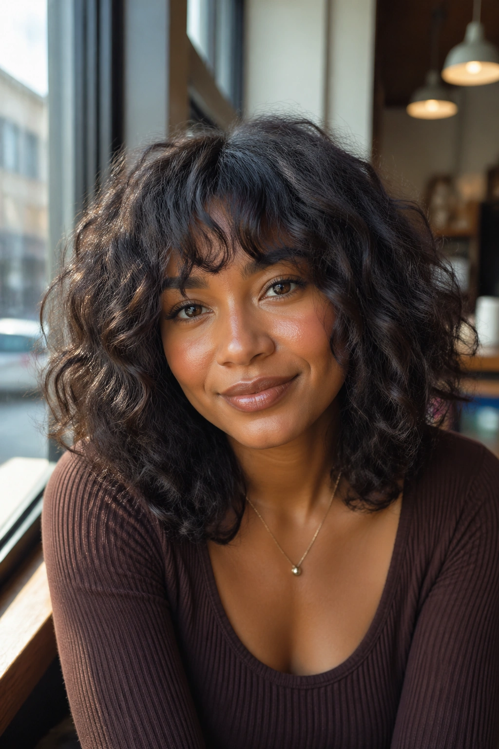 Close-up of a woman with a wavy natural fringe