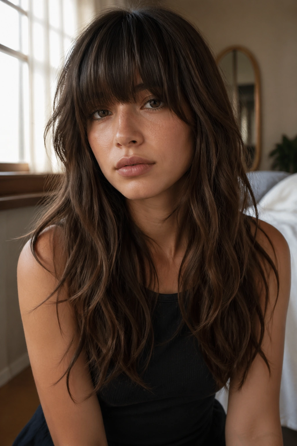 Woman with heavy fringe and long waves framing her face.