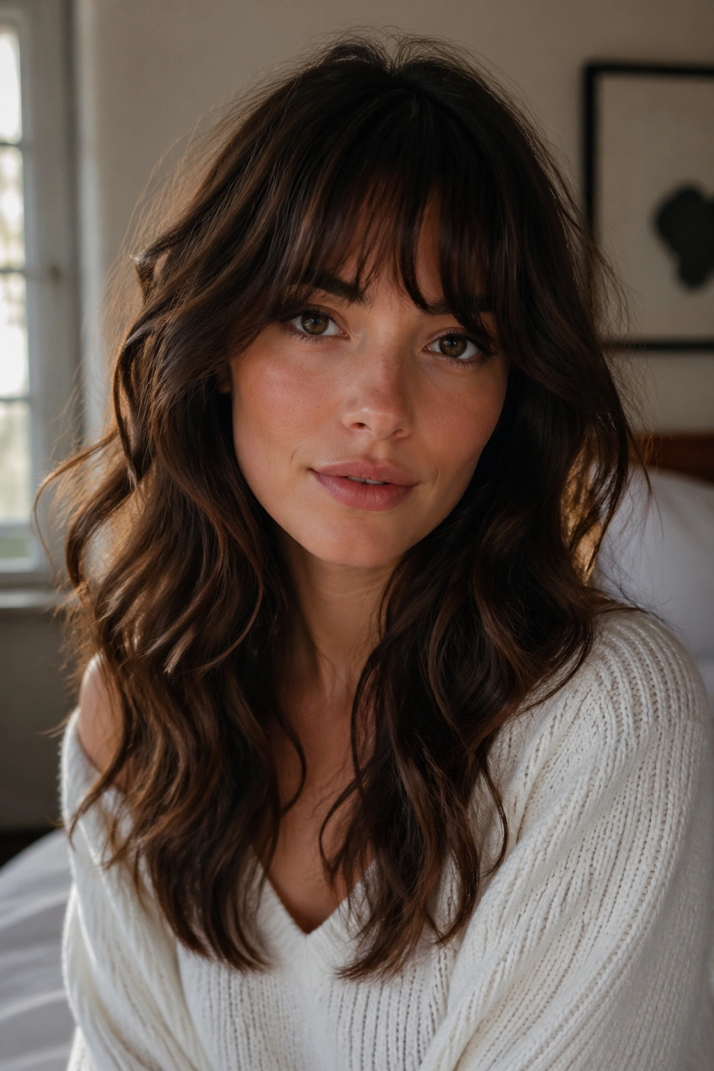 Close-up of a woman with soft-fringe French girl waves framing the cheeks in warm natural light
