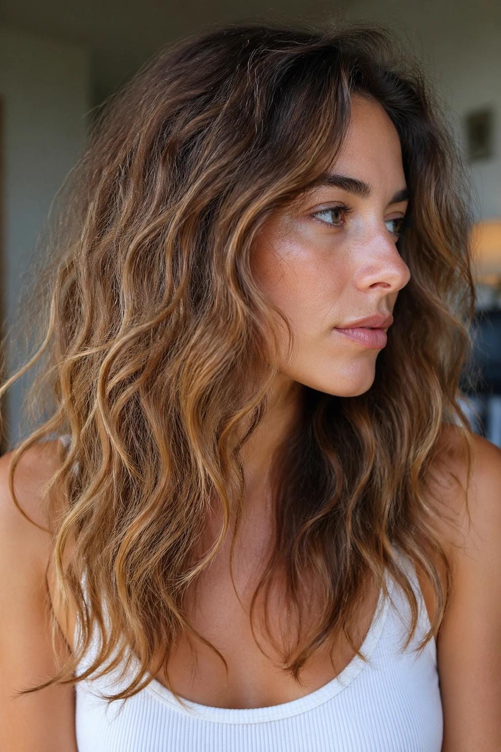 Portrait of a real person with frizzed, textured wavy hair showing color depth