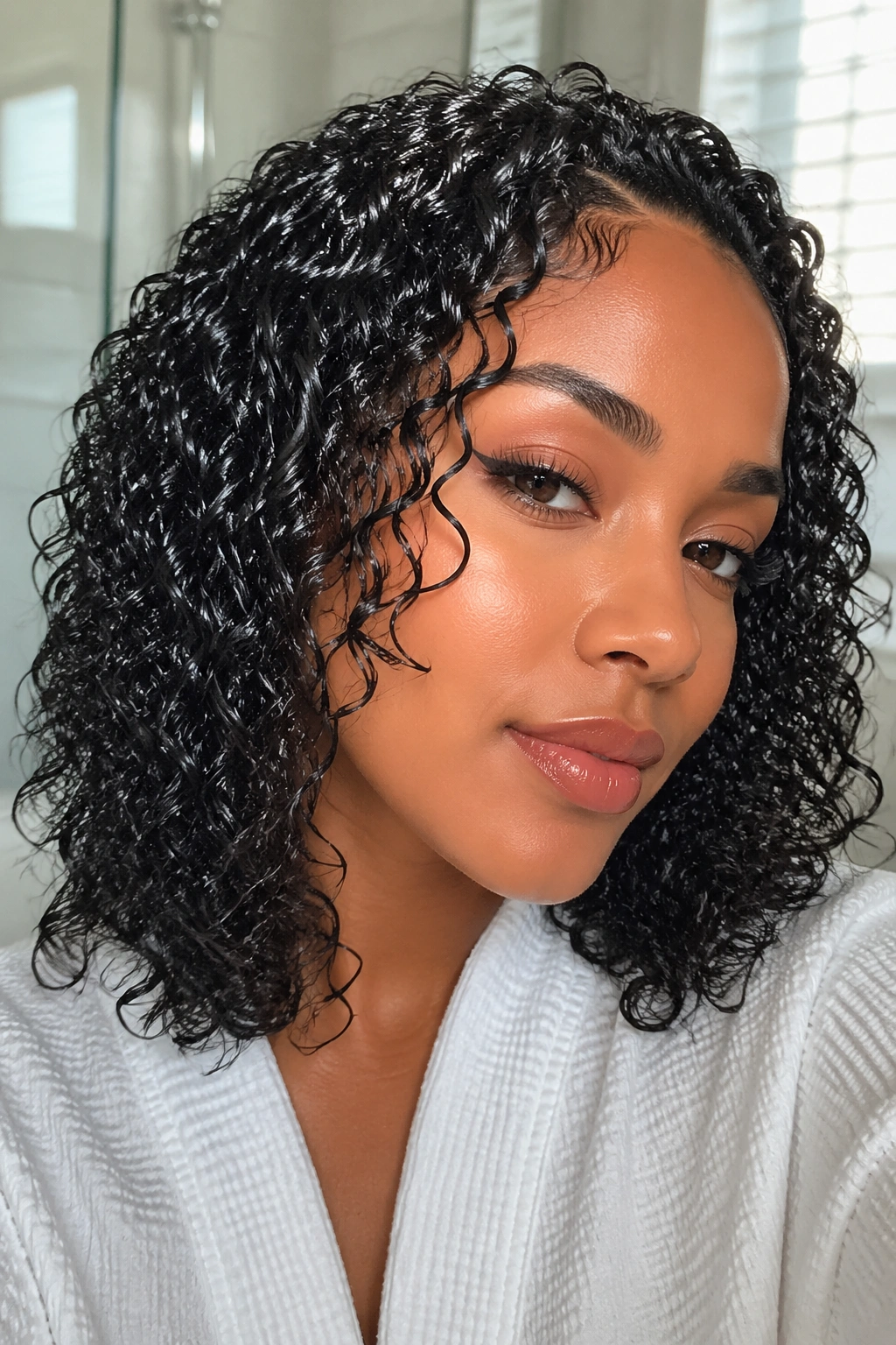 Portrait of a woman with sleek, frizz-controlled curls in natural light.