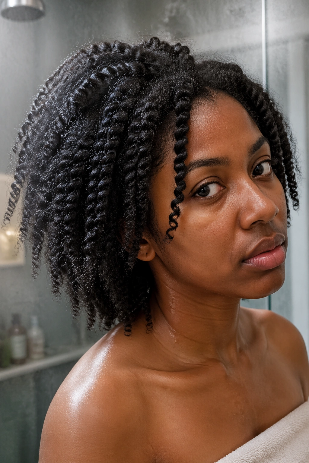 Close-up of a real woman with frizz at the ends of a twist-out and damp roots in a steamy bathroom