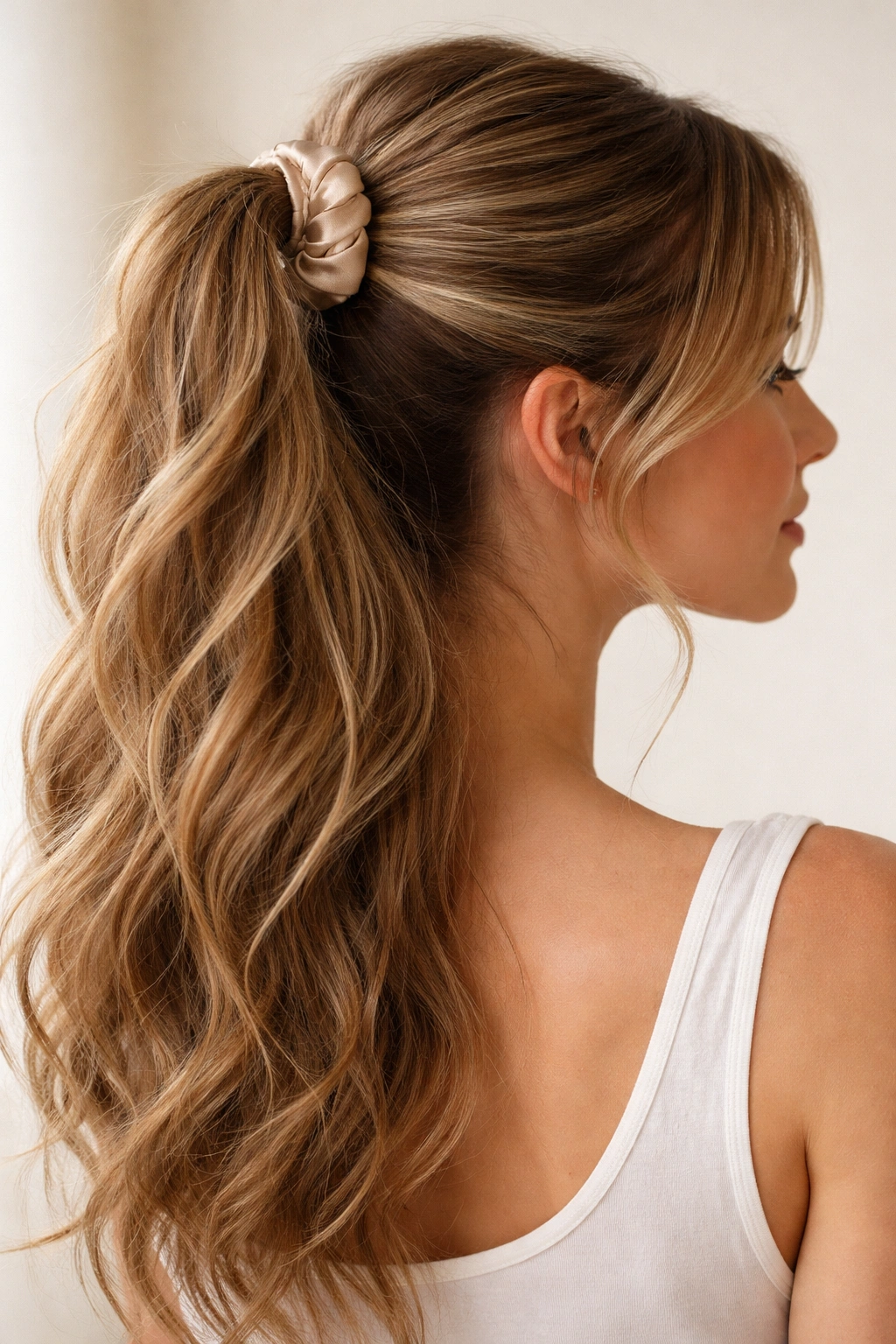 Close-up of frizz-controlled half up ponytail with satin scrunchie