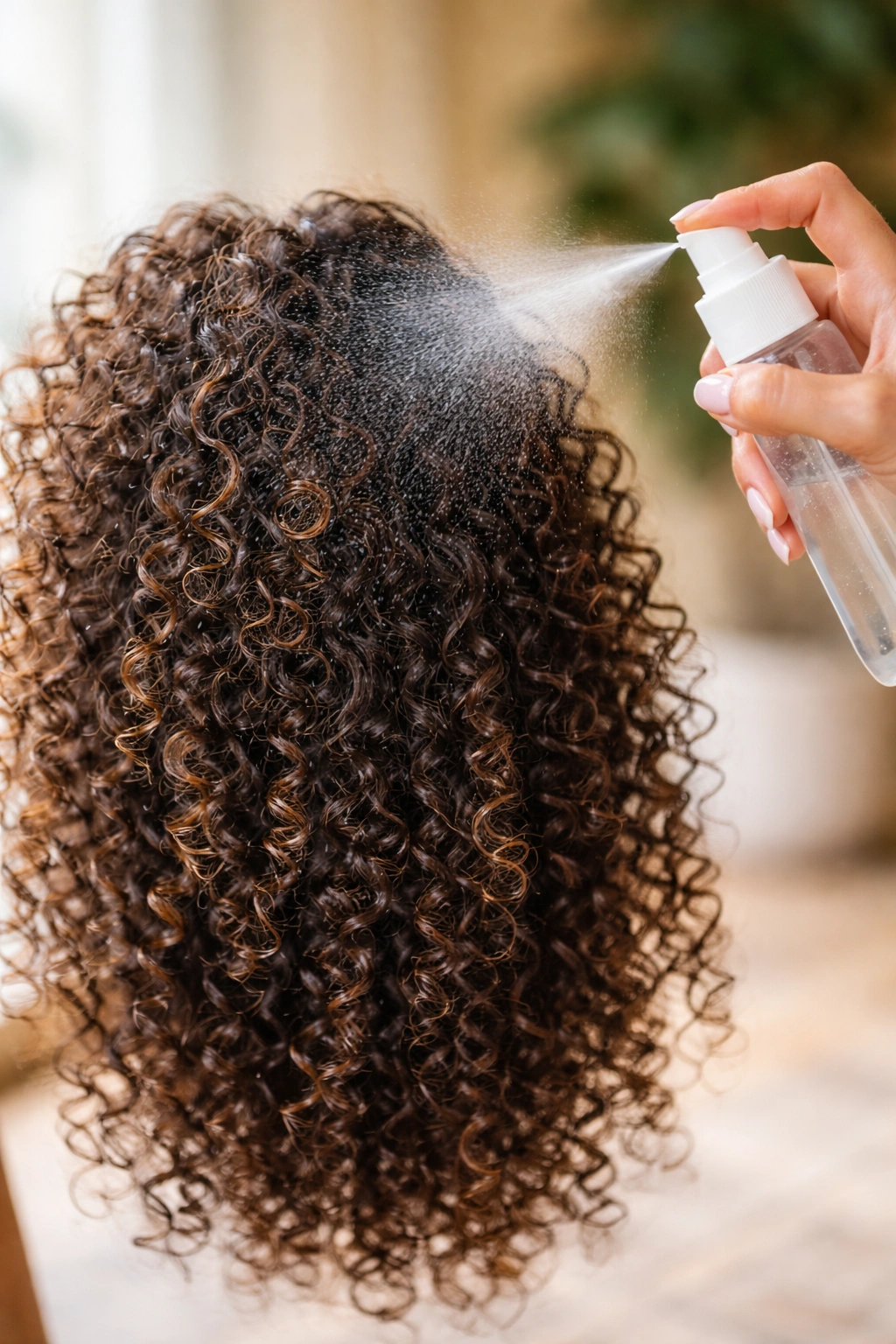 Curly hair extension being misted to reduce frizz in humidity