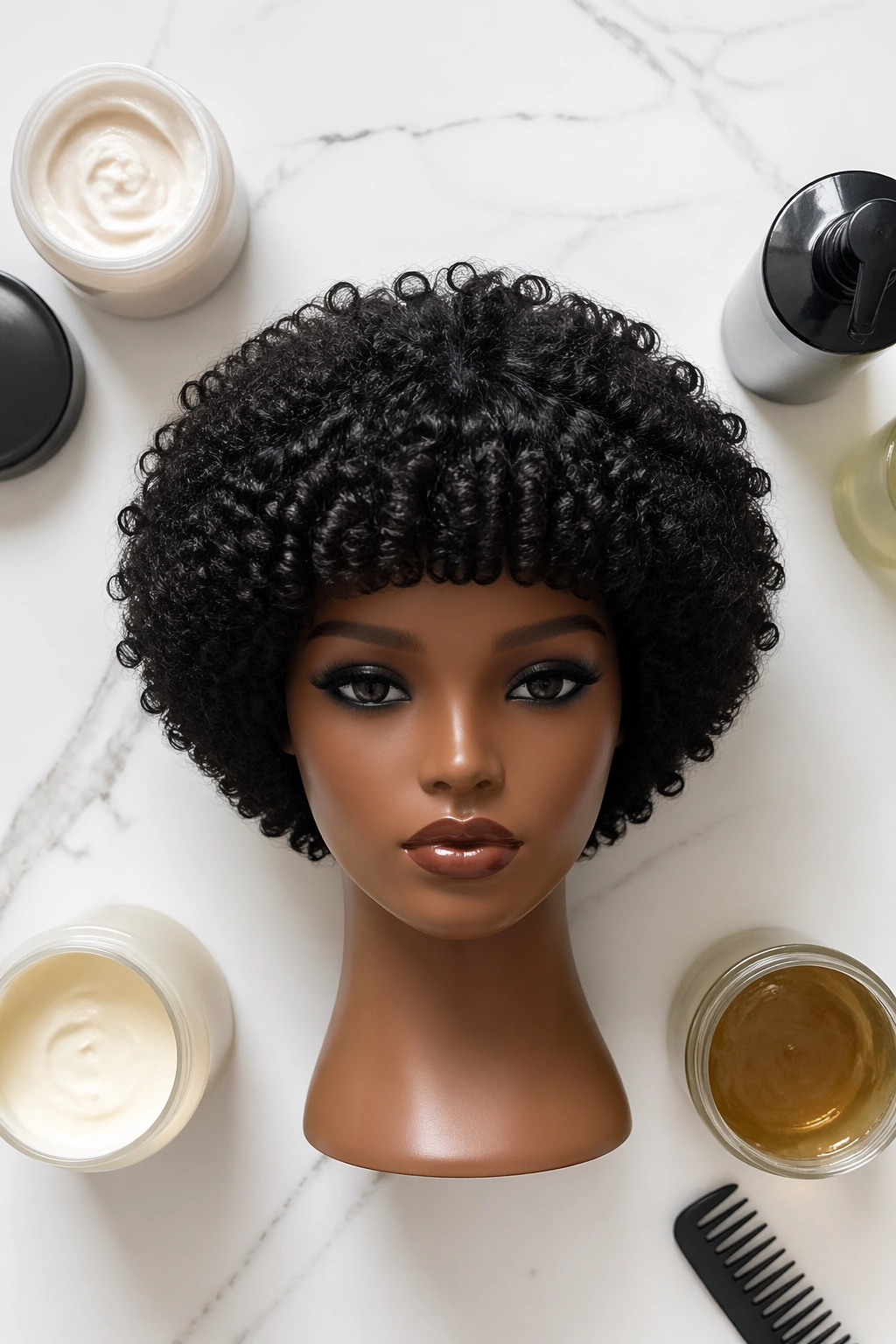 Rounded fro bangs arc flat-lay with products