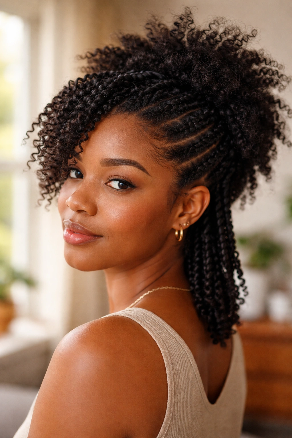 Close-up portrait of a real woman with back two-strand twists and a loose fro-front in natural light