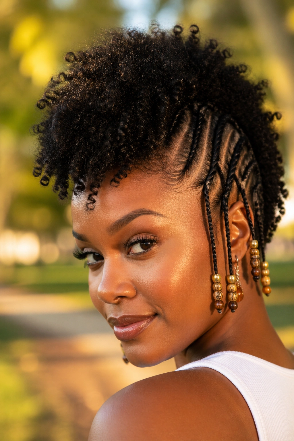 Close-up of a real woman with Curly Fro-Hawk featuring flat twists and bead accents.