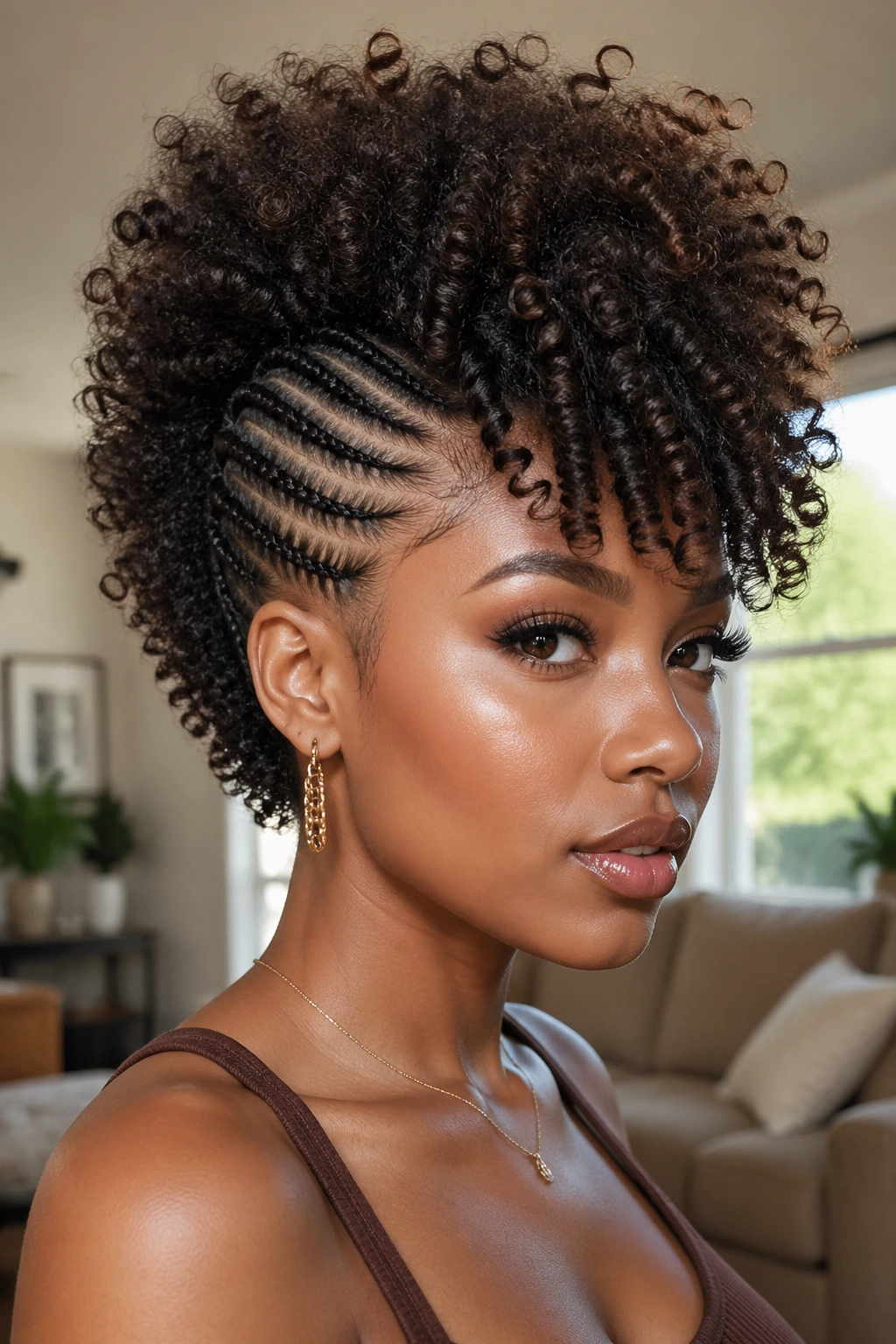 Close-up of a real woman with a fro-hawk braid combo, curly top and braided sides.