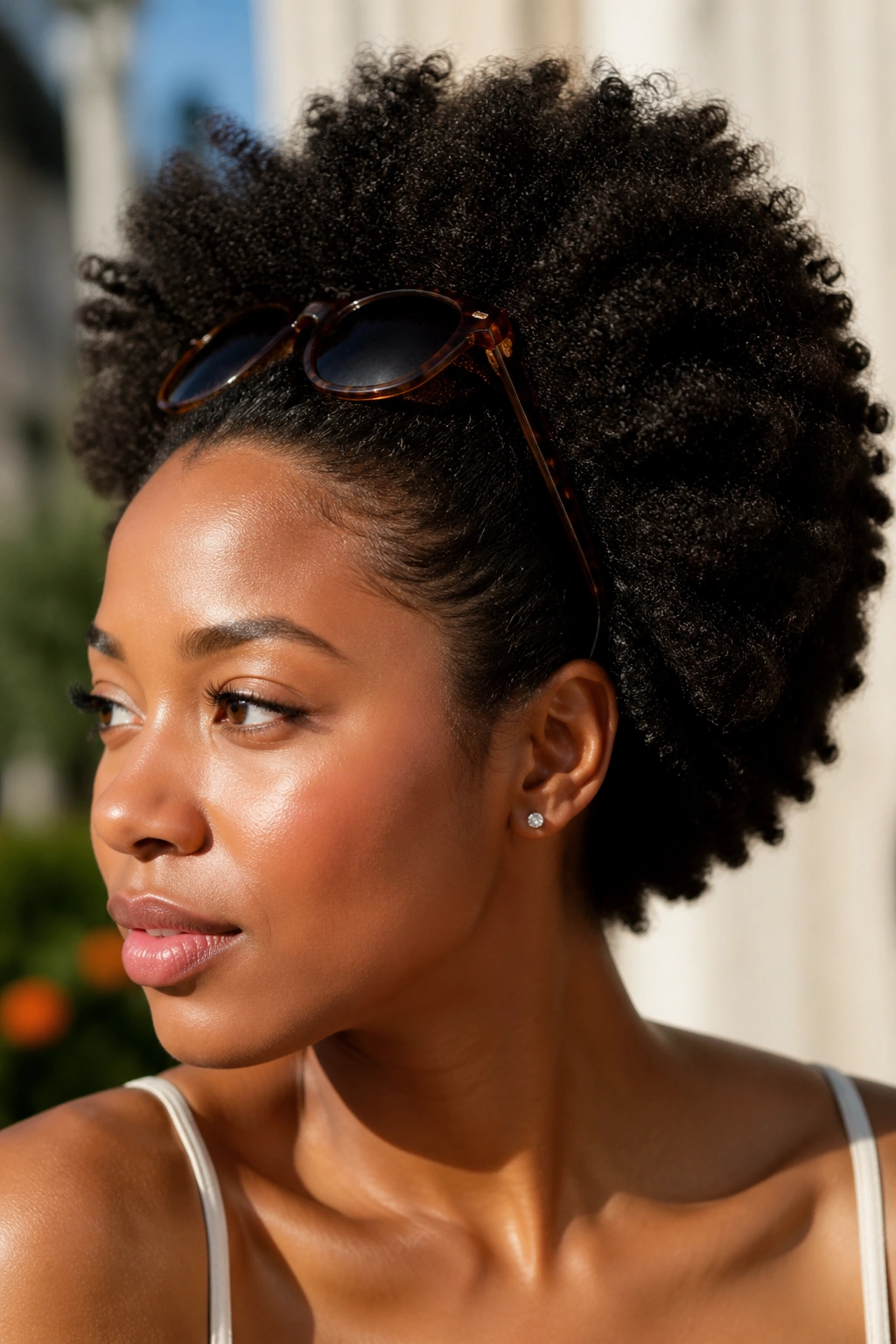 Close-up of a real person with a swept-back afro and sunglasses on top as a headband