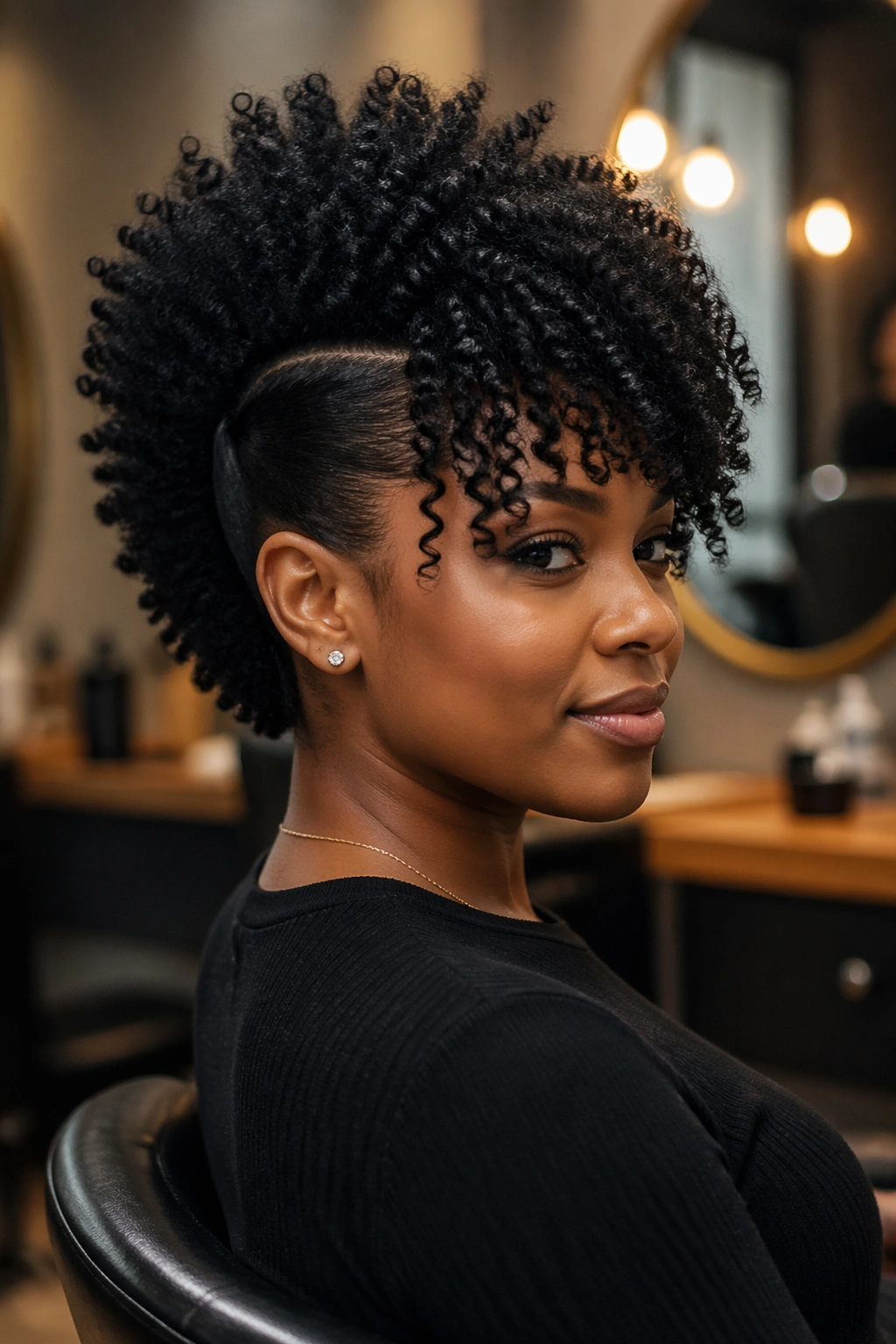 Frohawk with curved bangs side profile