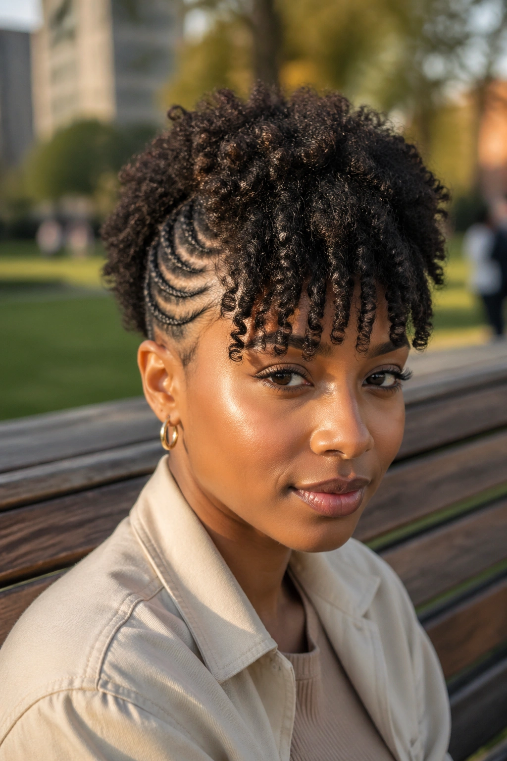 Portrait of a real person with frohawk and front bangs in natural outdoor light.