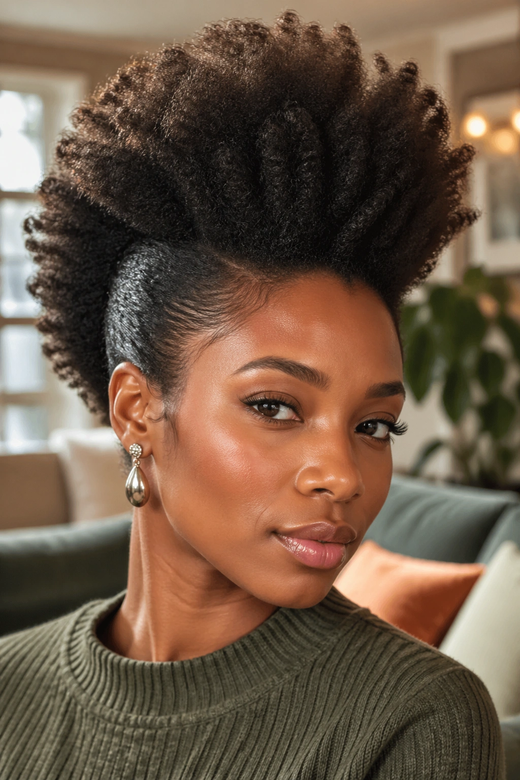 Close-up of a real woman with a blown-out frohawk; sides slicked, center tall and textured.