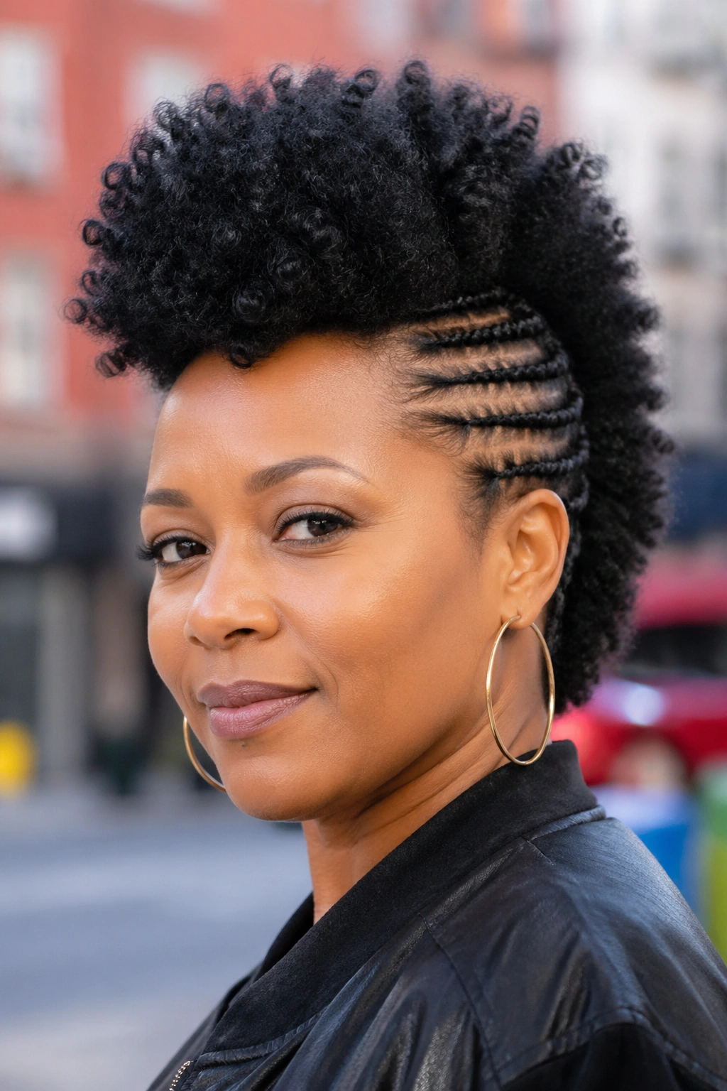 Portrait of a woman with frohawk and braided sides