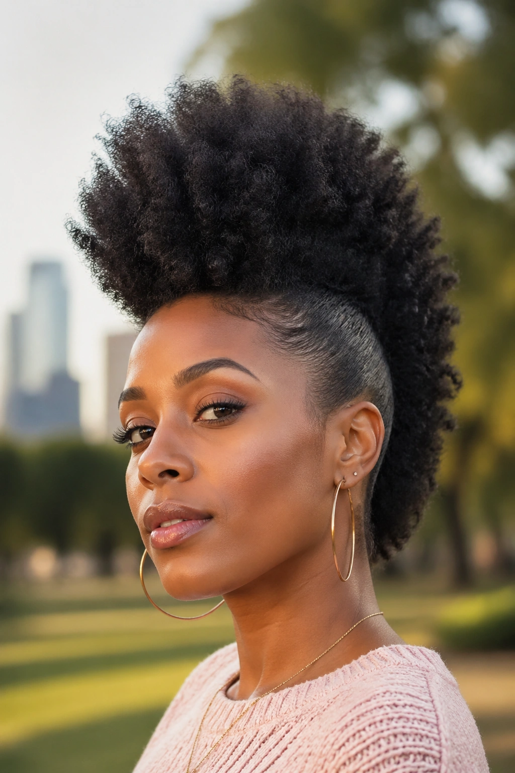 Close-up of real woman with Brushed-Out Frohawk hairstyle
