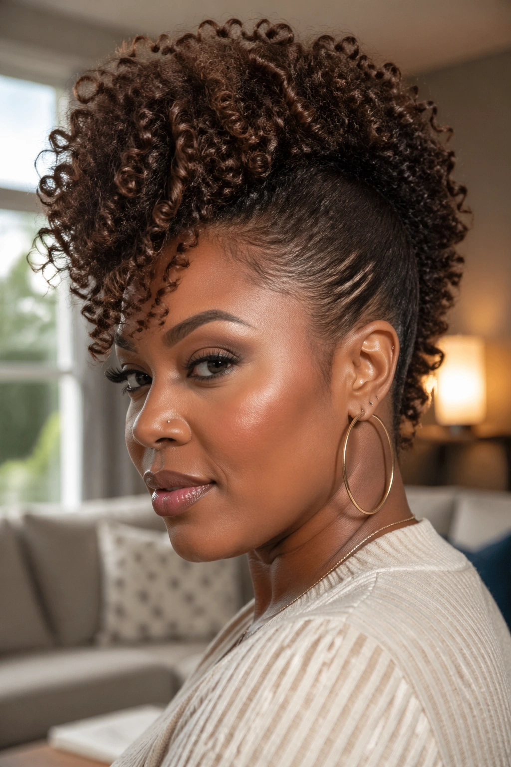 Close-up portrait of a woman with a chocolate brown frohawk in warm window light