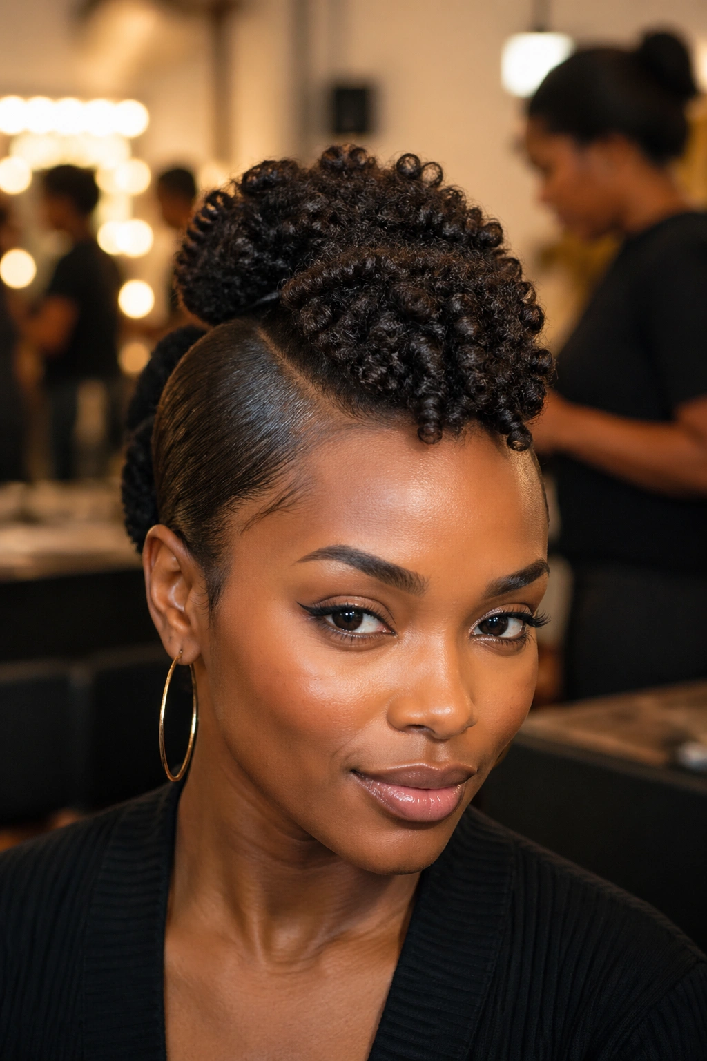 Real woman with center coil frohawk and flat-pinned sides
