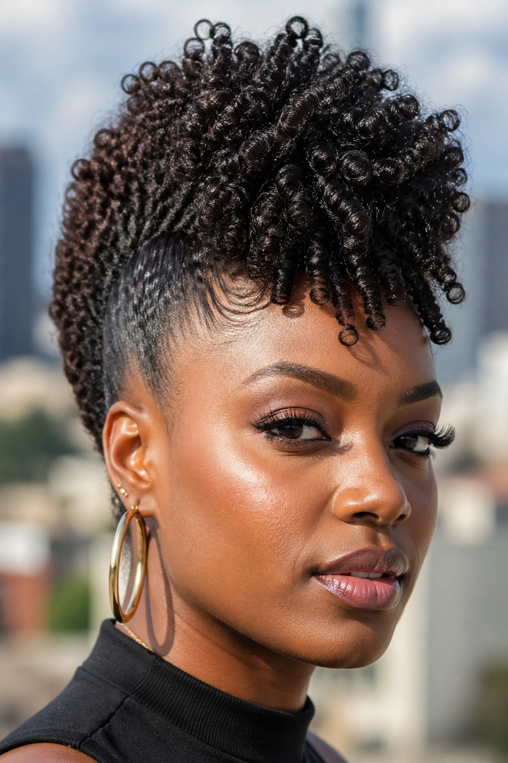 Close-up of a real person with a juicy curl frohawk