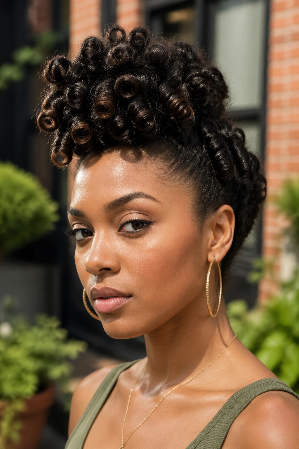 Portrait of real woman with frohawk hairstyle featuring central curls and pinned sides