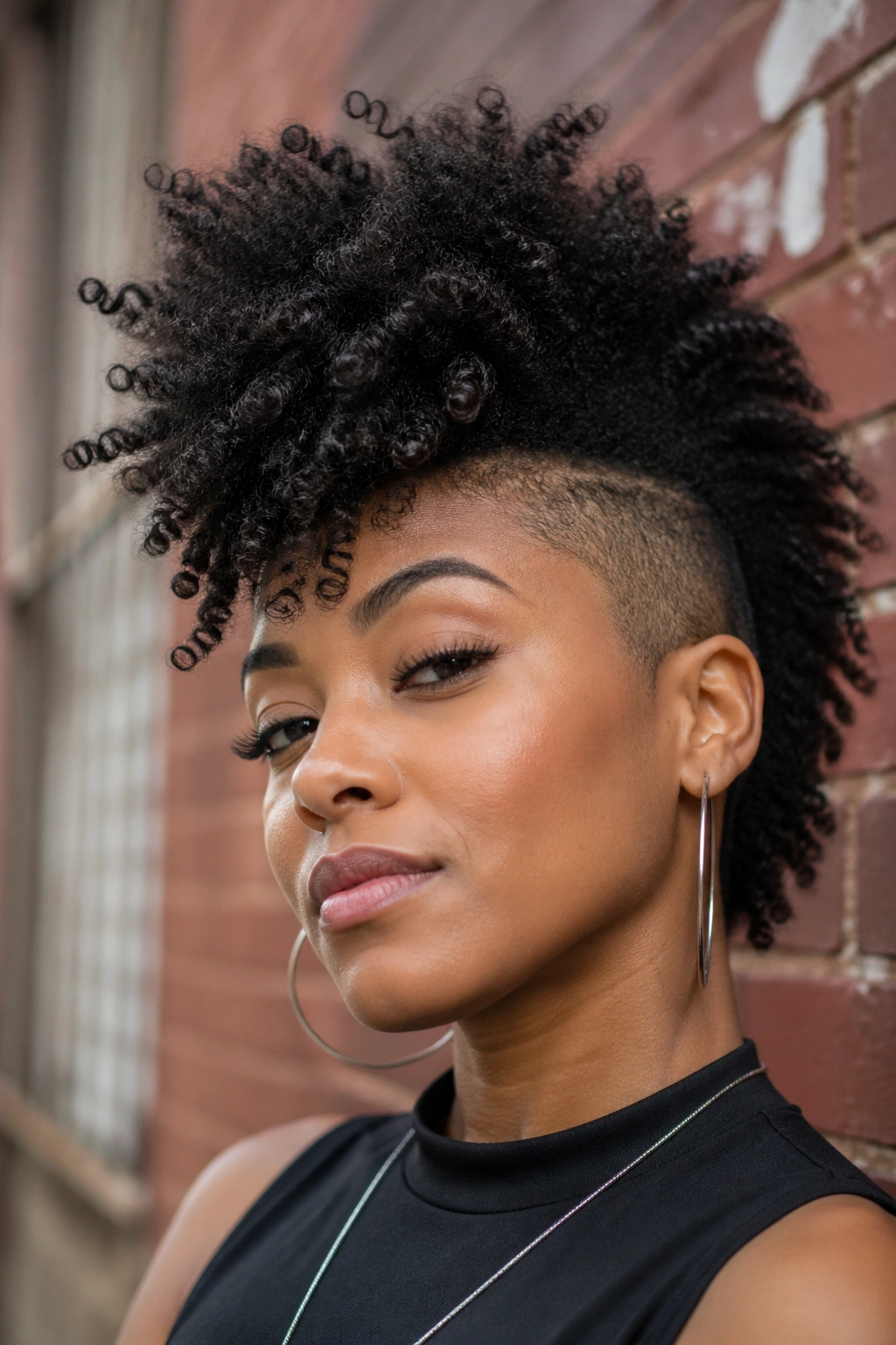 Close-up portrait of a person with a frohawk hairstyle and tall top curls