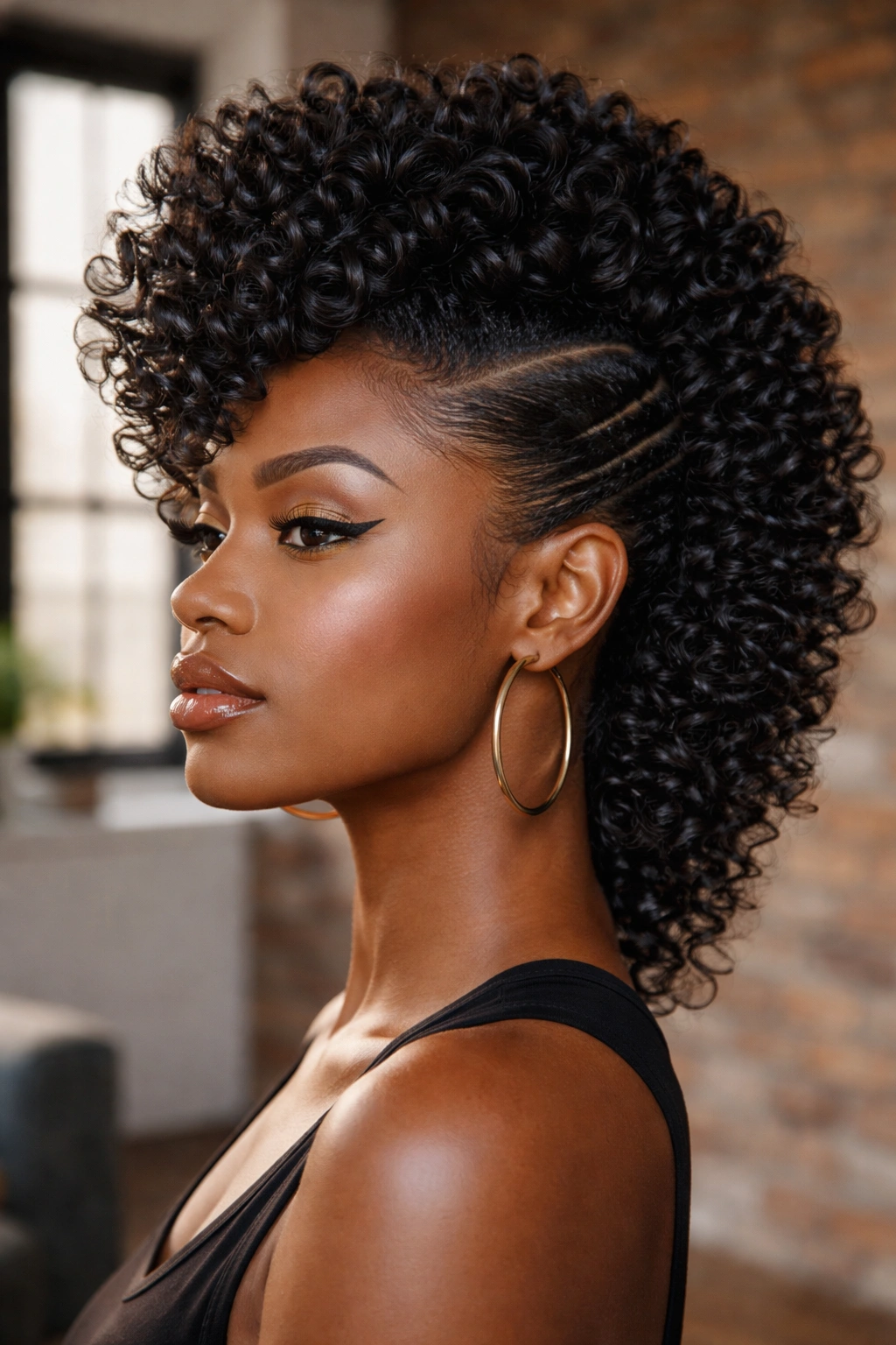 Real person with finger curl frohawk pinned sides and flowing center