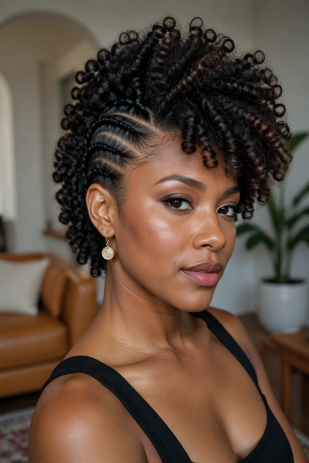Close-up of a real woman with a side-part frohawk hairstyle