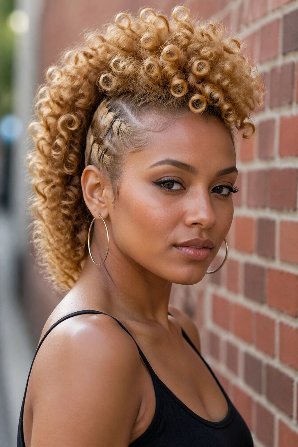 Portrait of a real woman with a honey blonde frohawk and pinned sides.