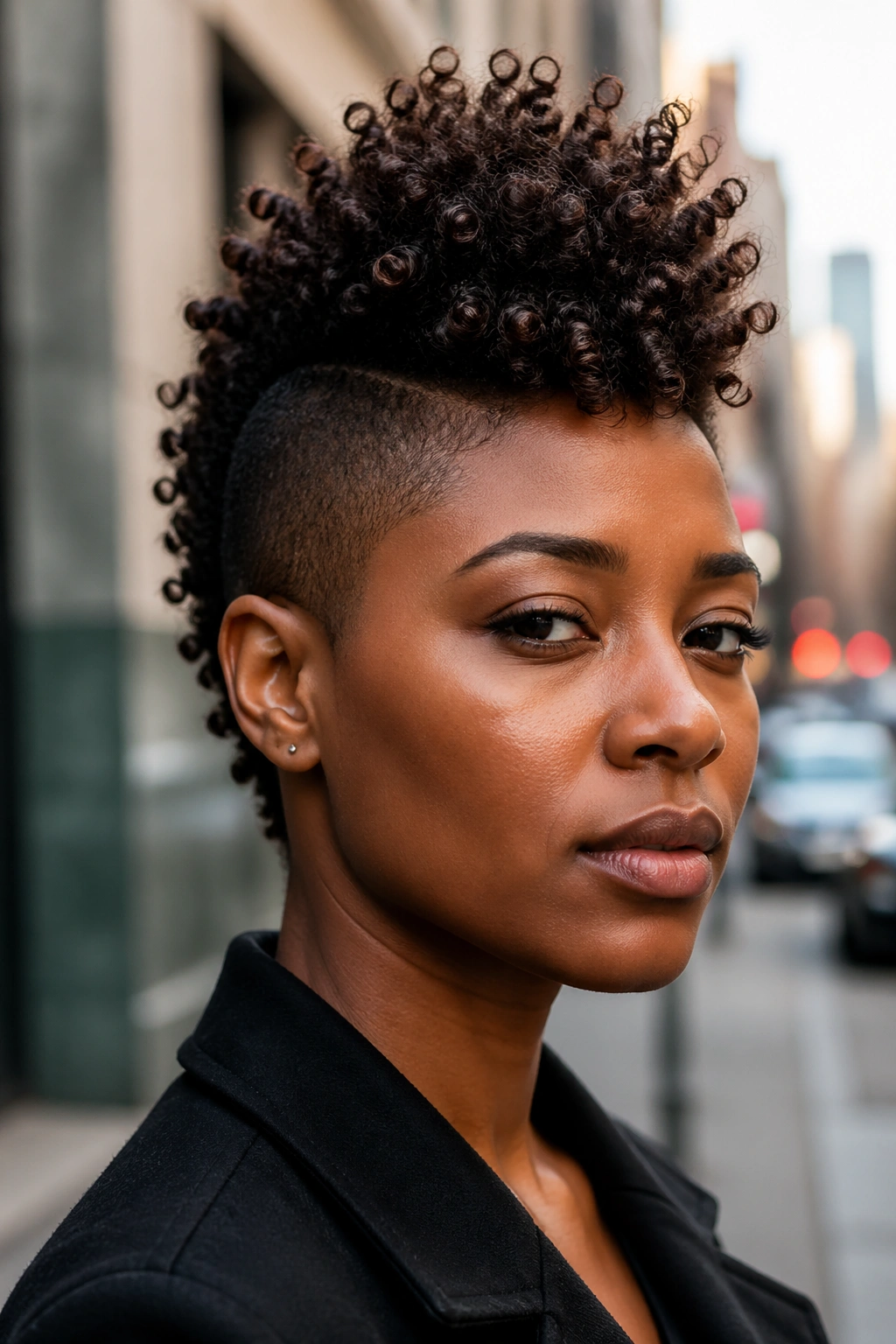 Close-up of a real person with a frohawk and layered center strip