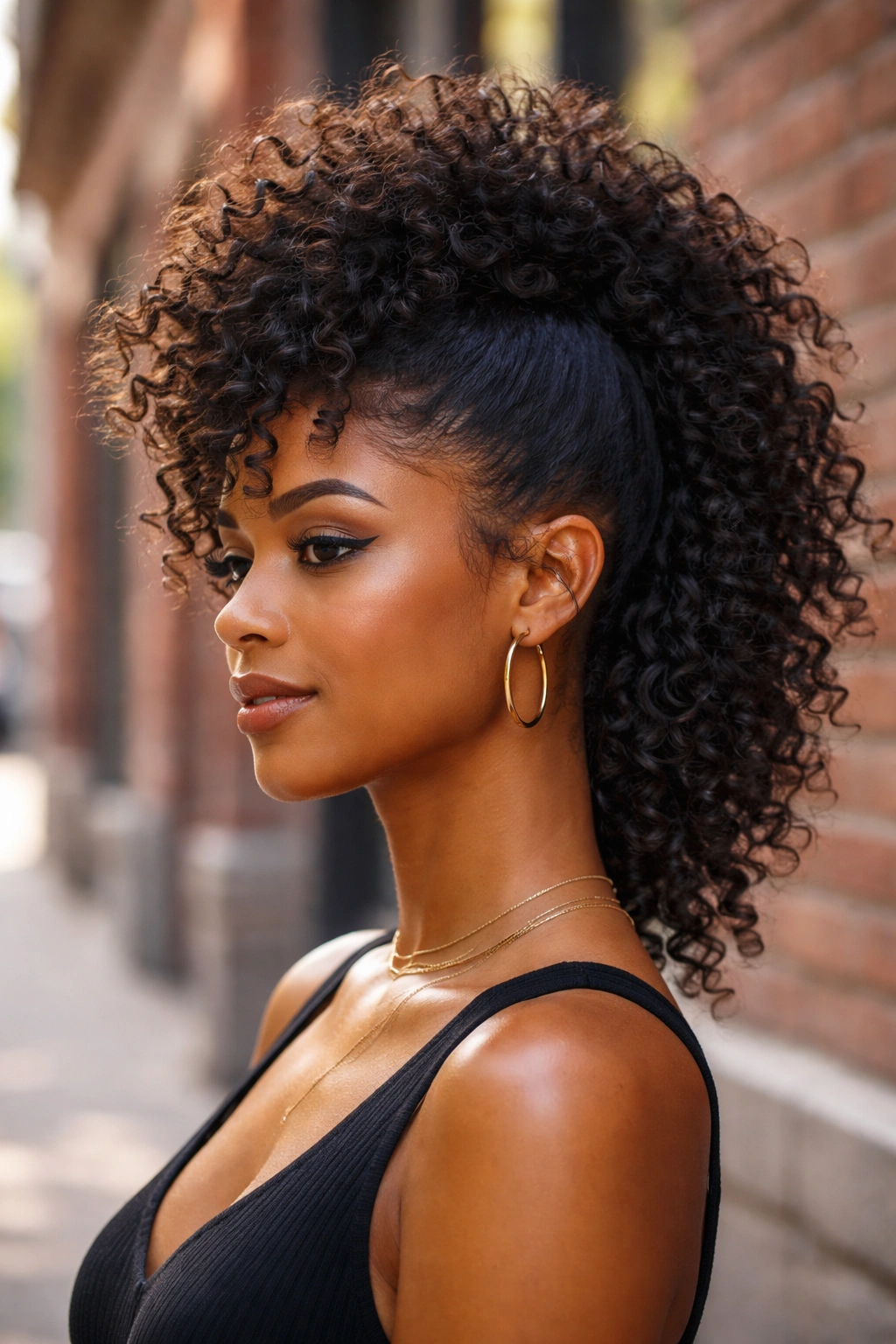 Real person with loose curl frohawk against brick wall