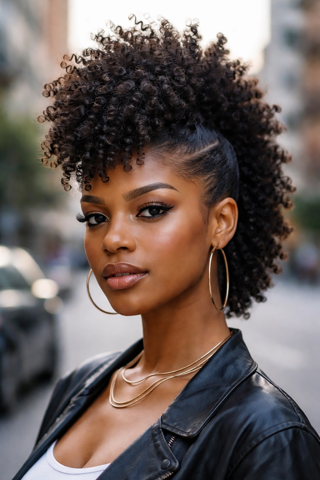 Close-up of a real woman with a frohawk hairstyle outdoors.