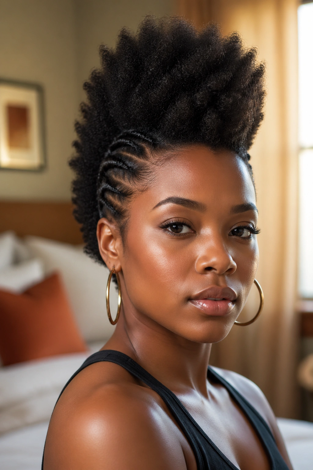 Close-up portrait of a real woman with a frohawk on natural hair, sides pinned and center height.