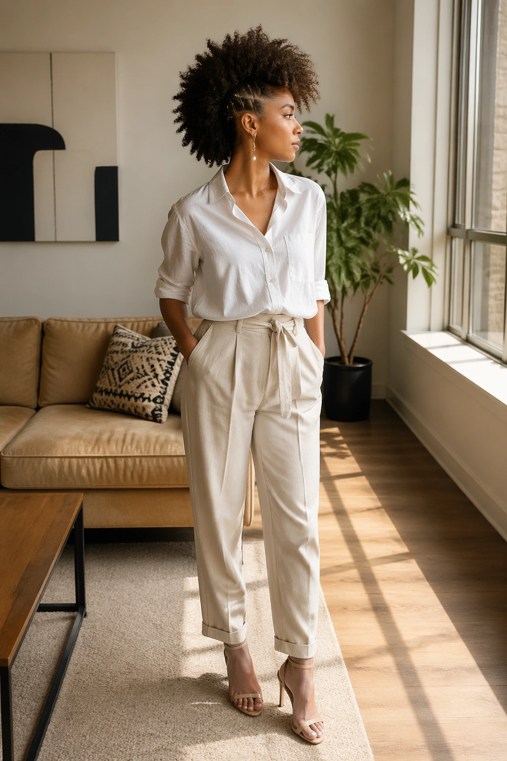 Wide shot of frohawk with pinned sides in a bright living room