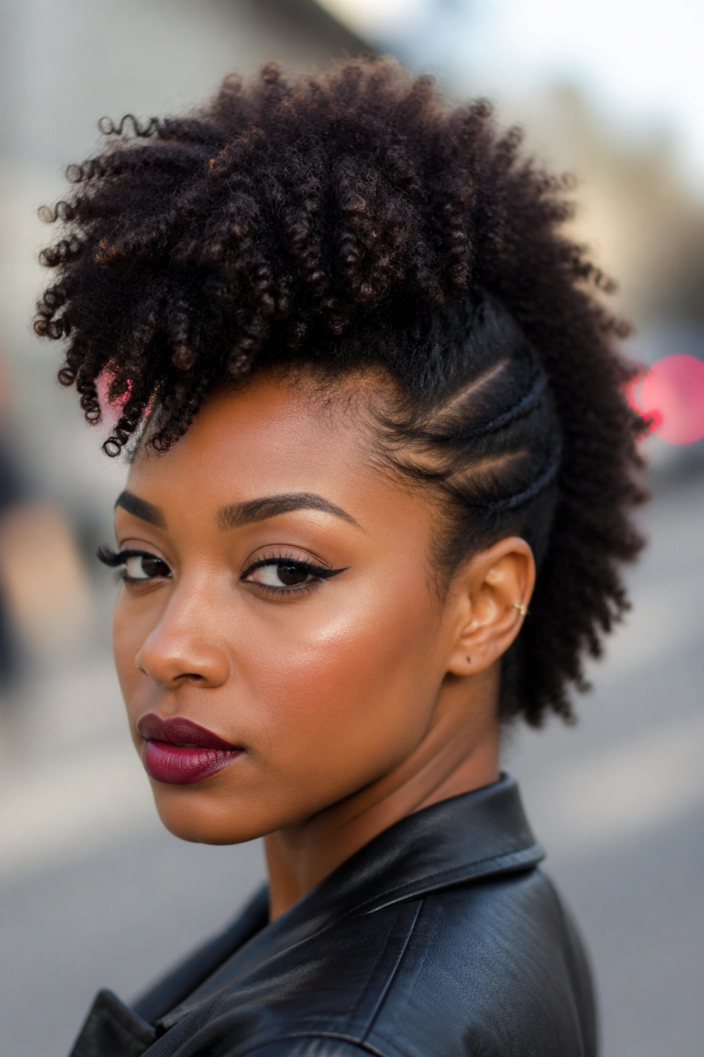 Close-up of a real person with a frohawk hairstyle