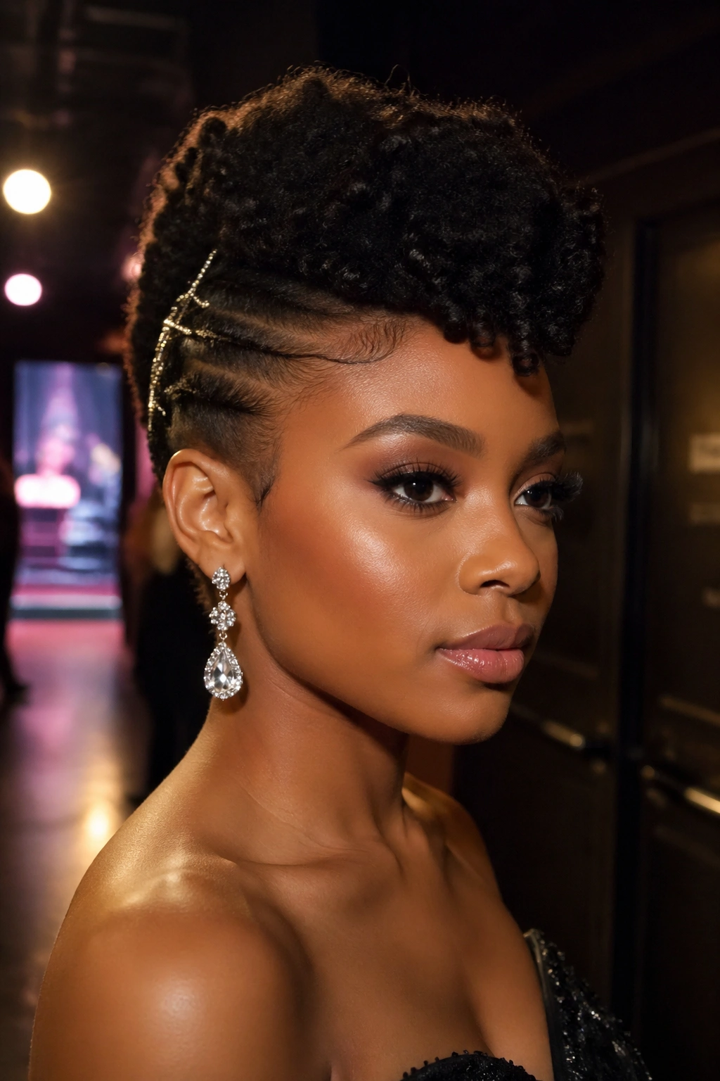 Real woman with a frohawk hairstyle for prom in backstage lighting