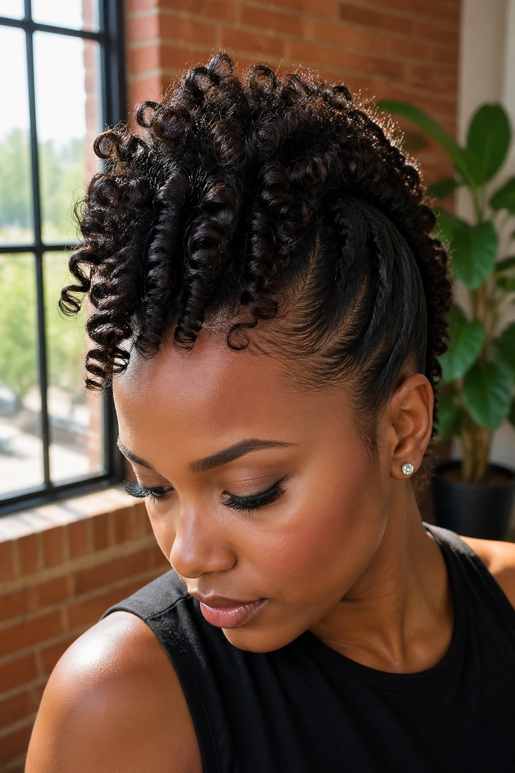 Close-up of a real woman with a frohawk of ringlet curls