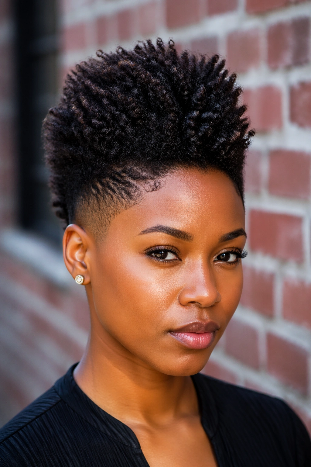 Close-up of a Black woman with a frohawk and tapered sides in an urban setting