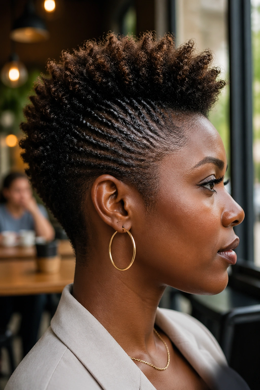 Side-profile portrait of woman with frohawk on a TWA hairstyle