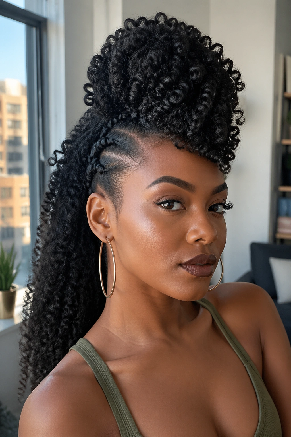 Portrait of a woman with a tall frohawk updo on long natural hair
