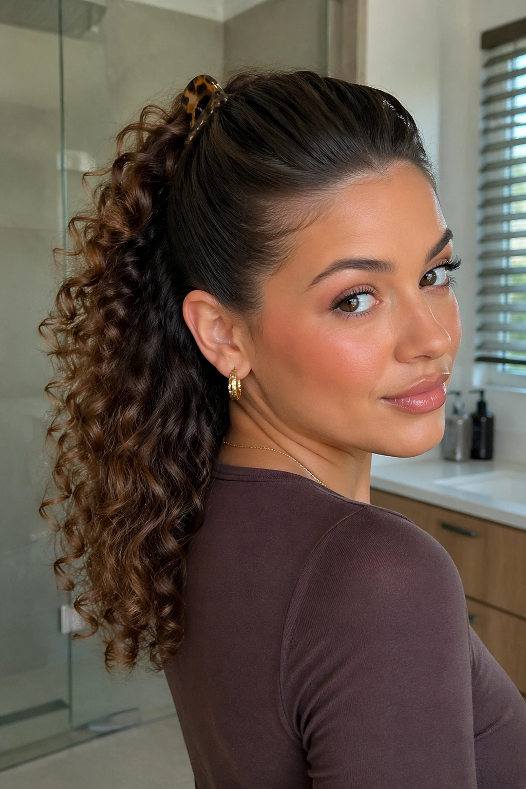 Close-up of curly hair showing a sleek front and voluminous back with a crown clip