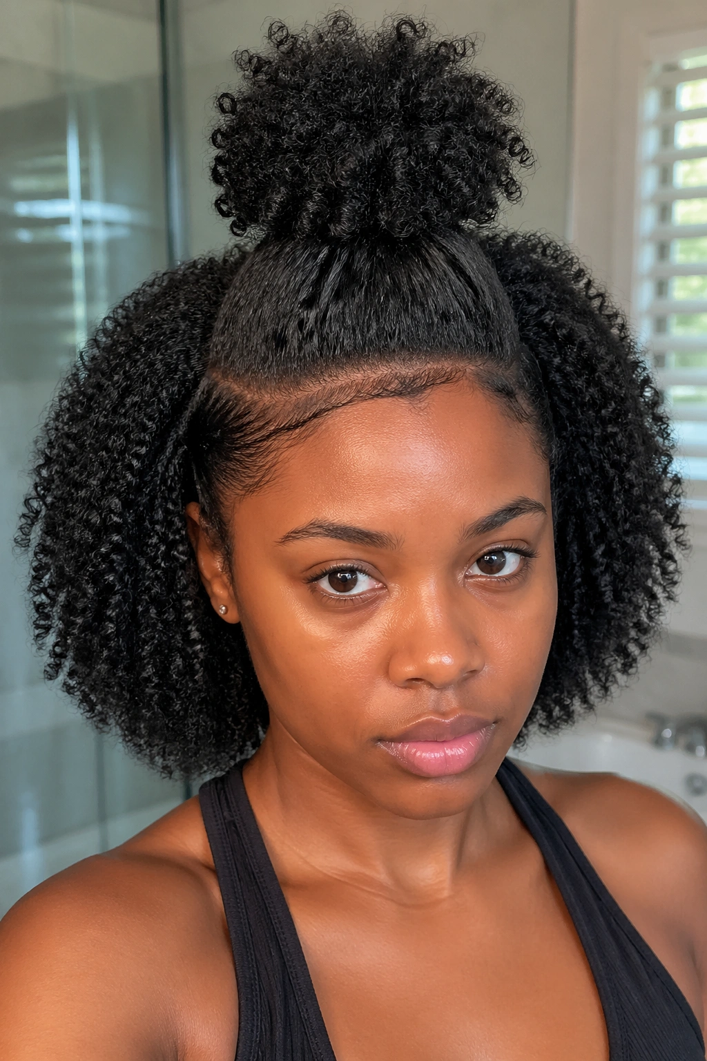 Portrait showing a distinct front-back hair partition with top front pulled up.