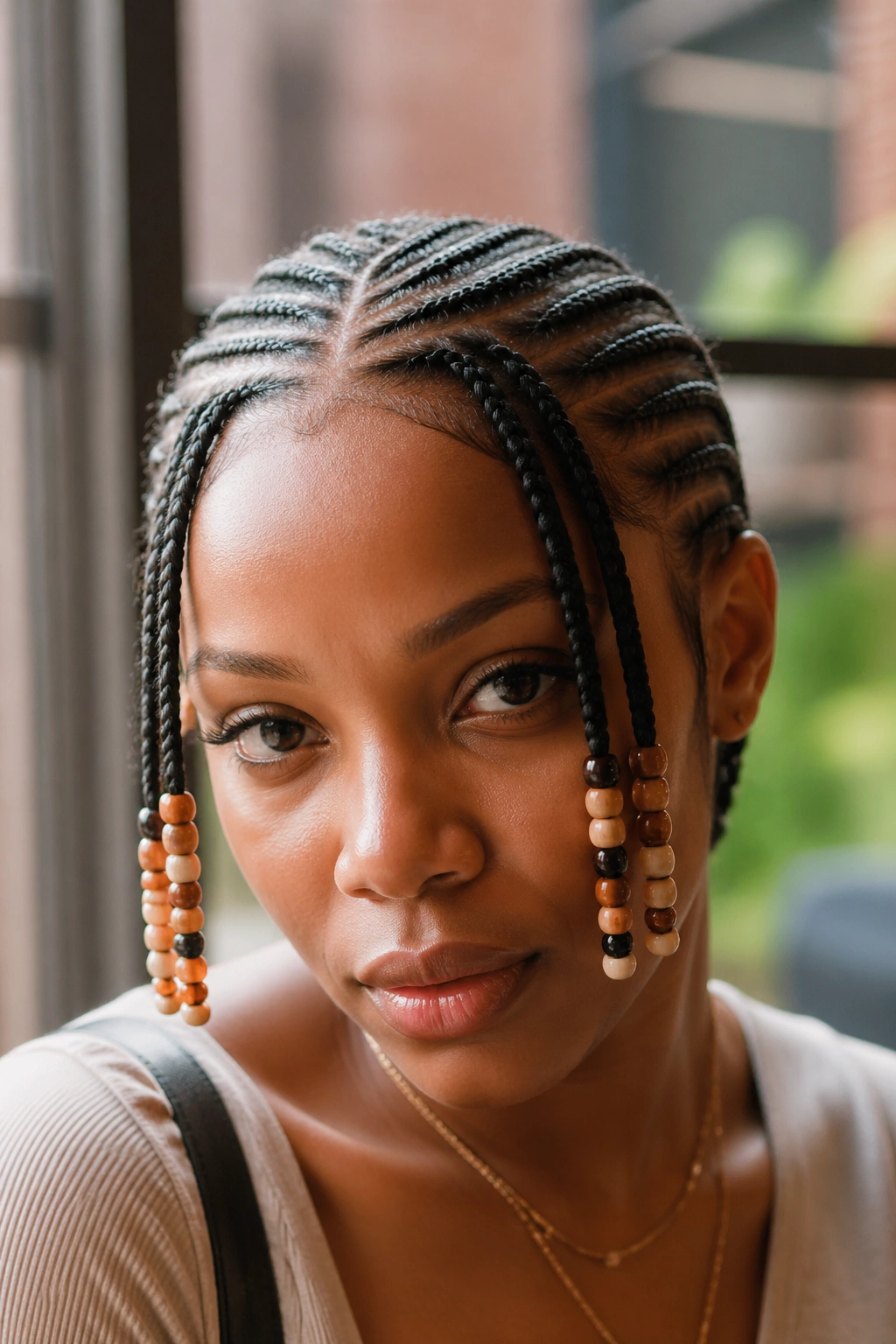 Close-up of front-beaded cornrows framing the face
